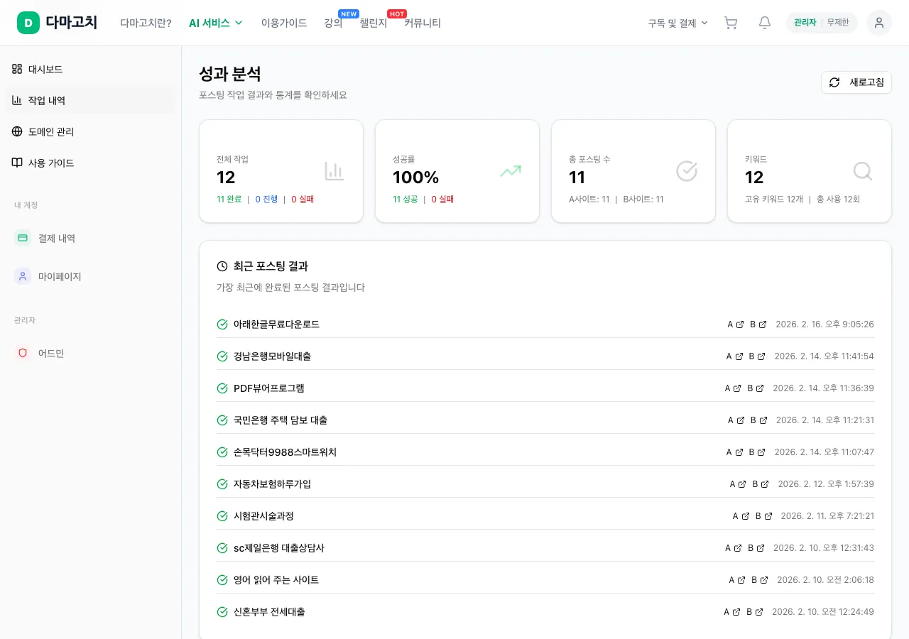작업 내역 — 통계 & 최근 포스트